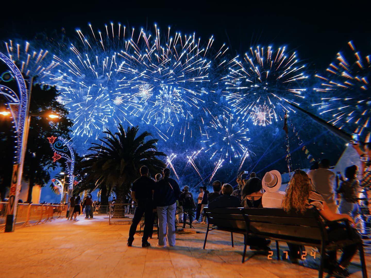 Fireworks over the river at the Montijo festival