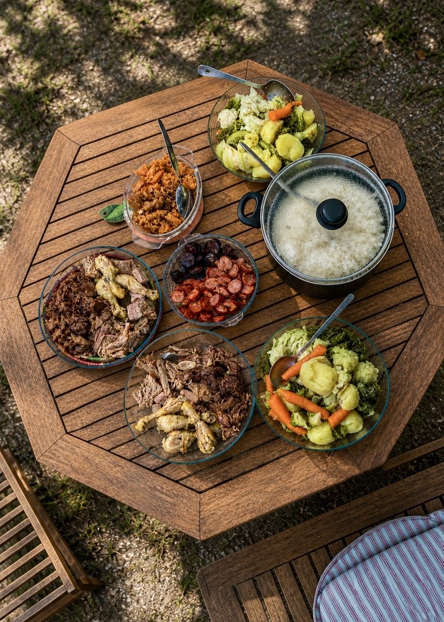 A shared lunch on the wooden table